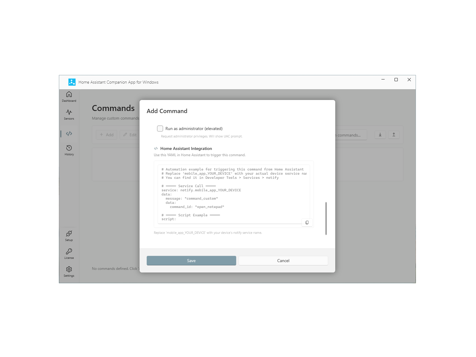 Add command dialog - sample XAML section