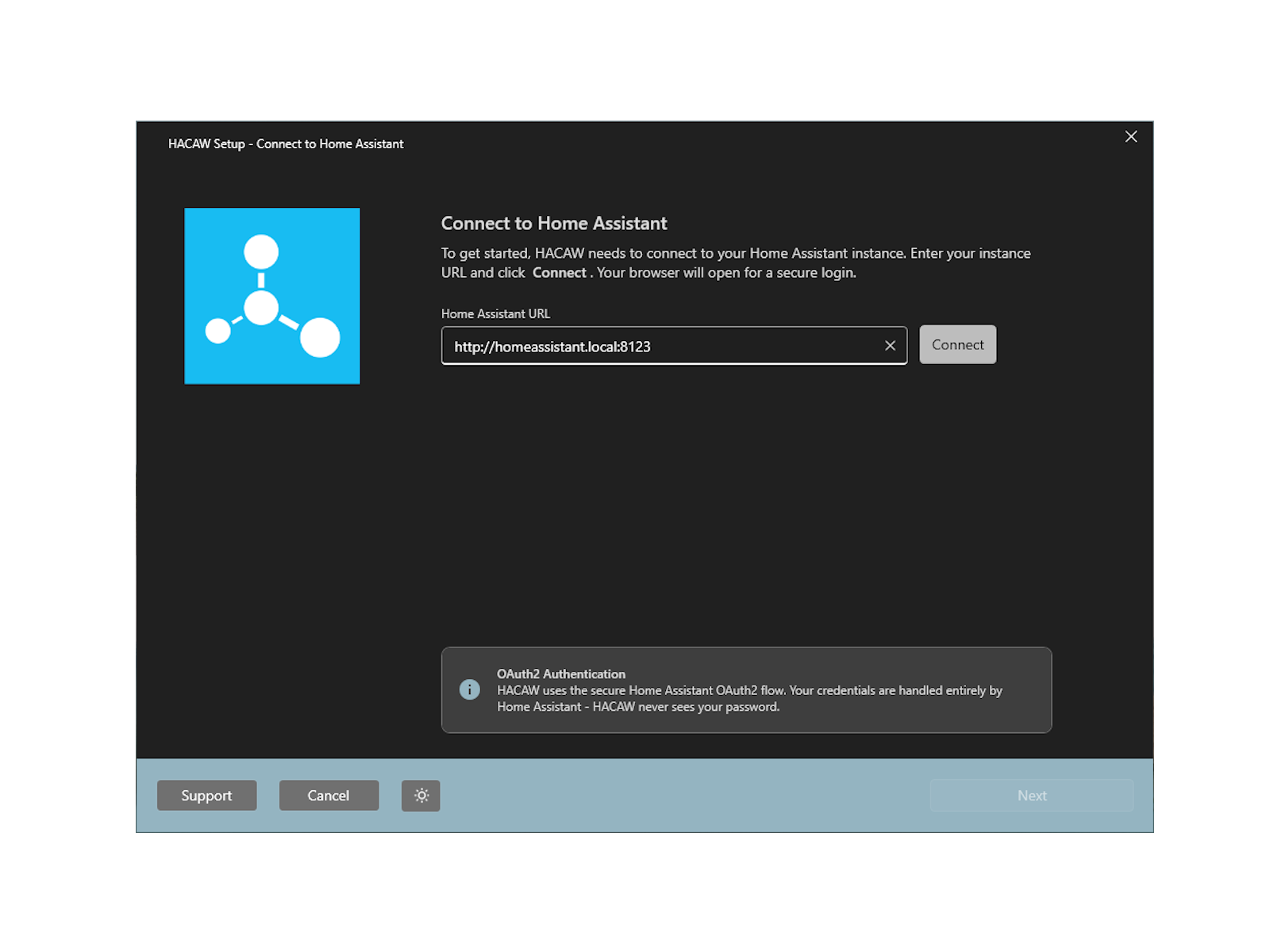 Setup wizard: connect to Home Assistant - dark theme