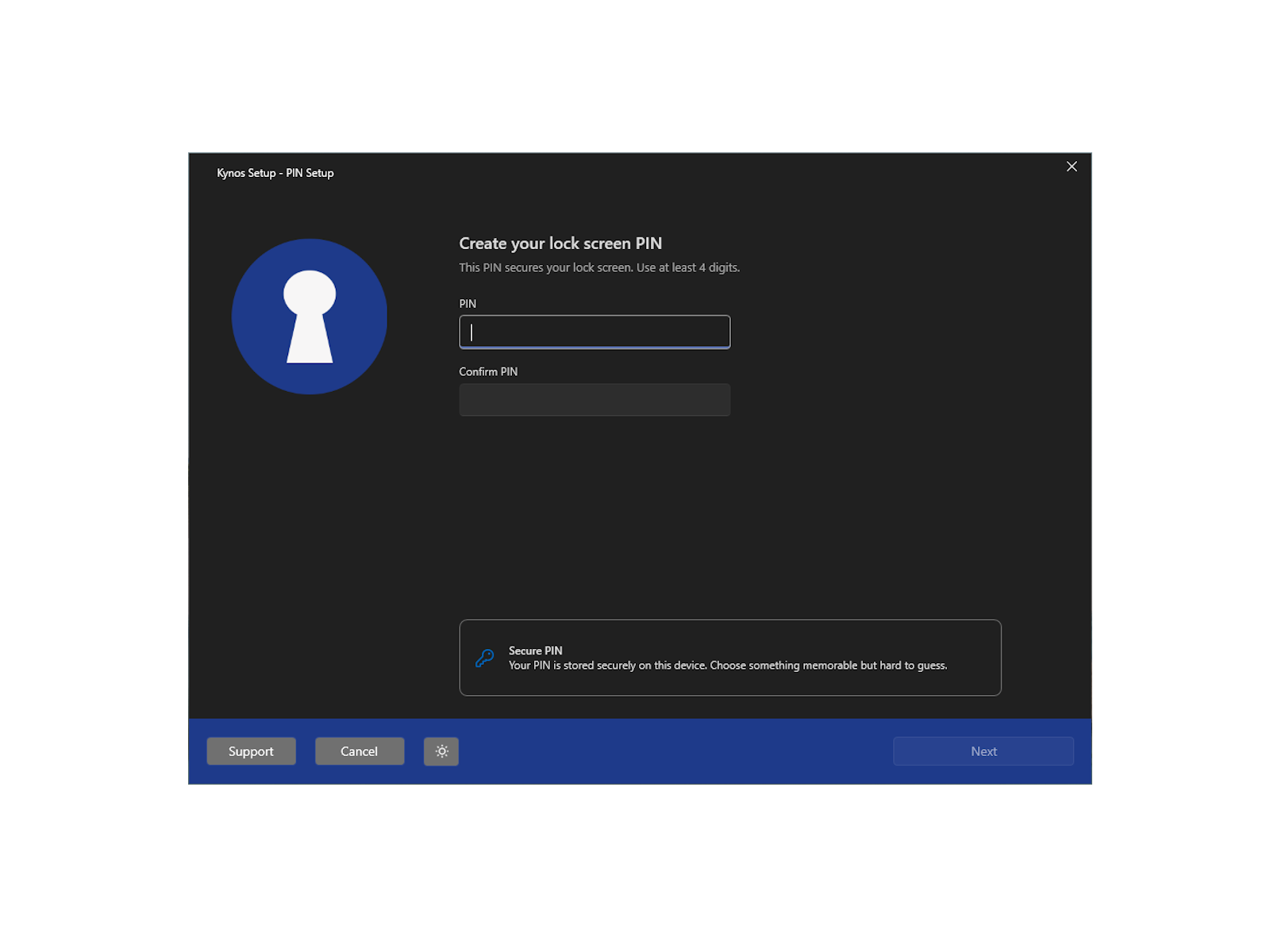 Setup wizard: set your PIN - dark theme